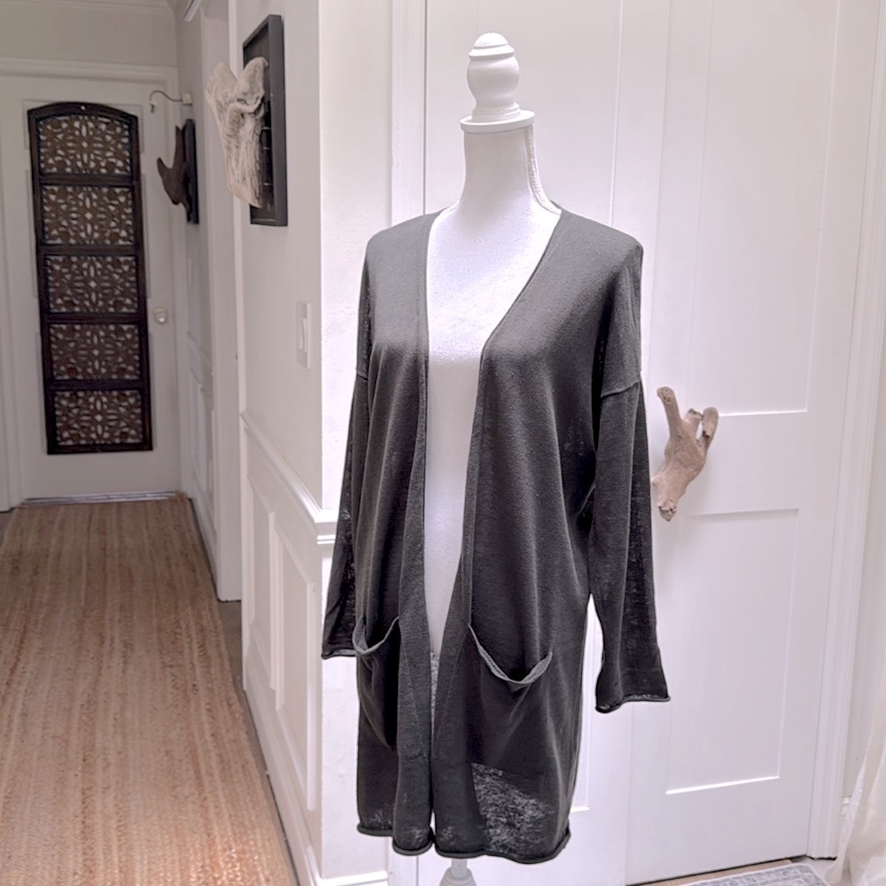 Eileen Fisher Organic Linen Open Front Duster Cardigan Dark/Olive Green Womens M